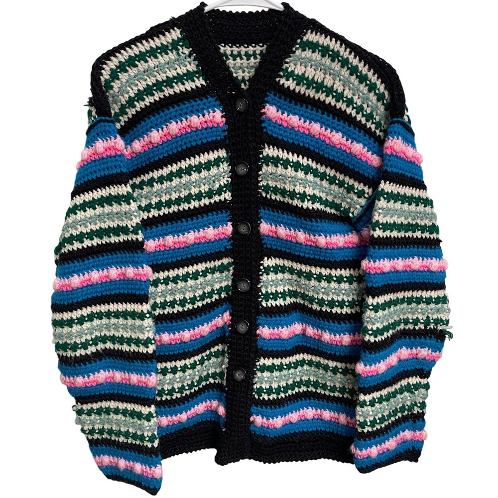Hand Crocheted Striped Cardigan Chunky‎ Knit Grannycore Sweater w/ Flaw